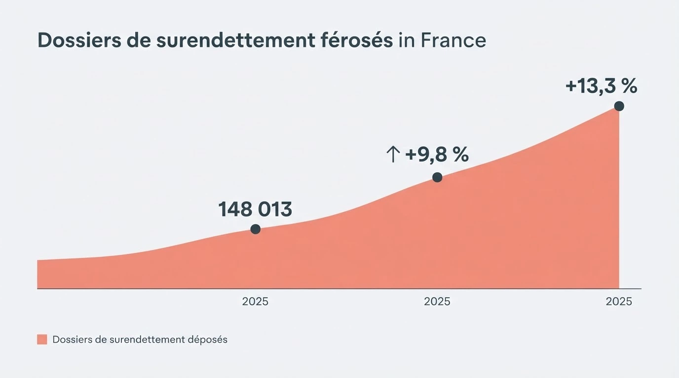 Graphique de l'évolution des dossiers de surendettement déposés en France entre 2025 et 2026
