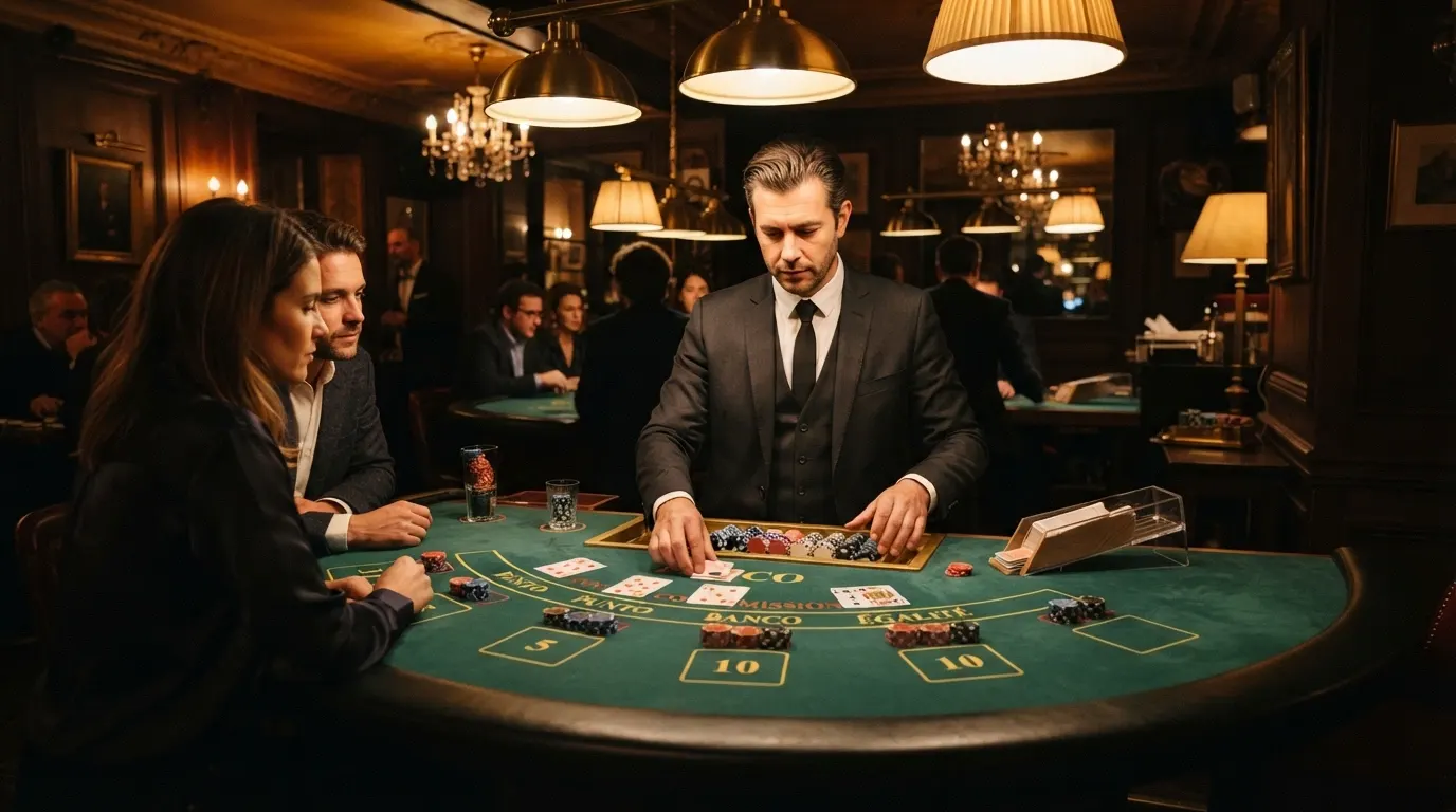 Une table de Punto Banco dans un club de jeux parisien, croupier en tenue, jetons et cartes disposés, lumière tamisée.