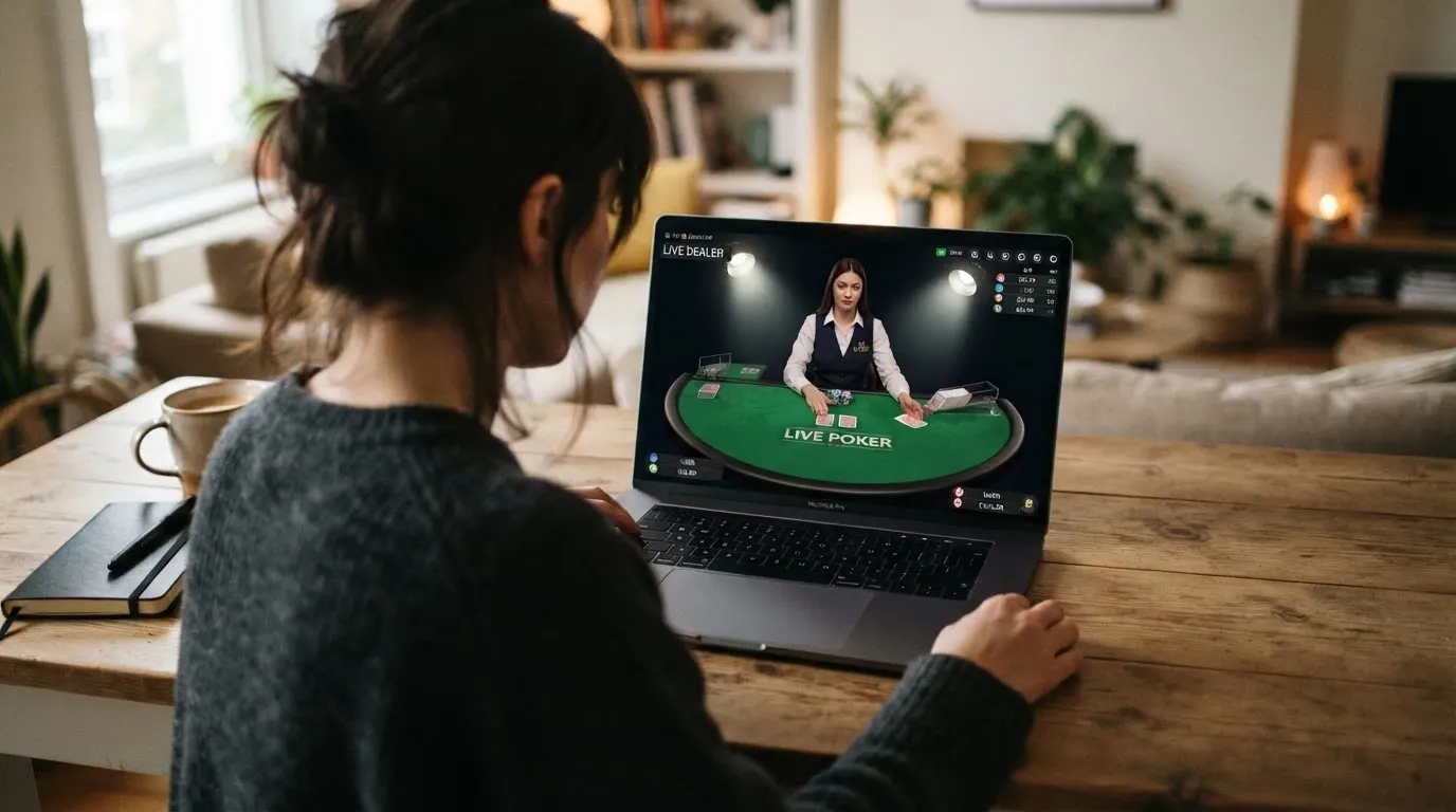 Une table de poker filmée en studio de casino live avec un croupier distribuant les cartes, vu à travers un écran