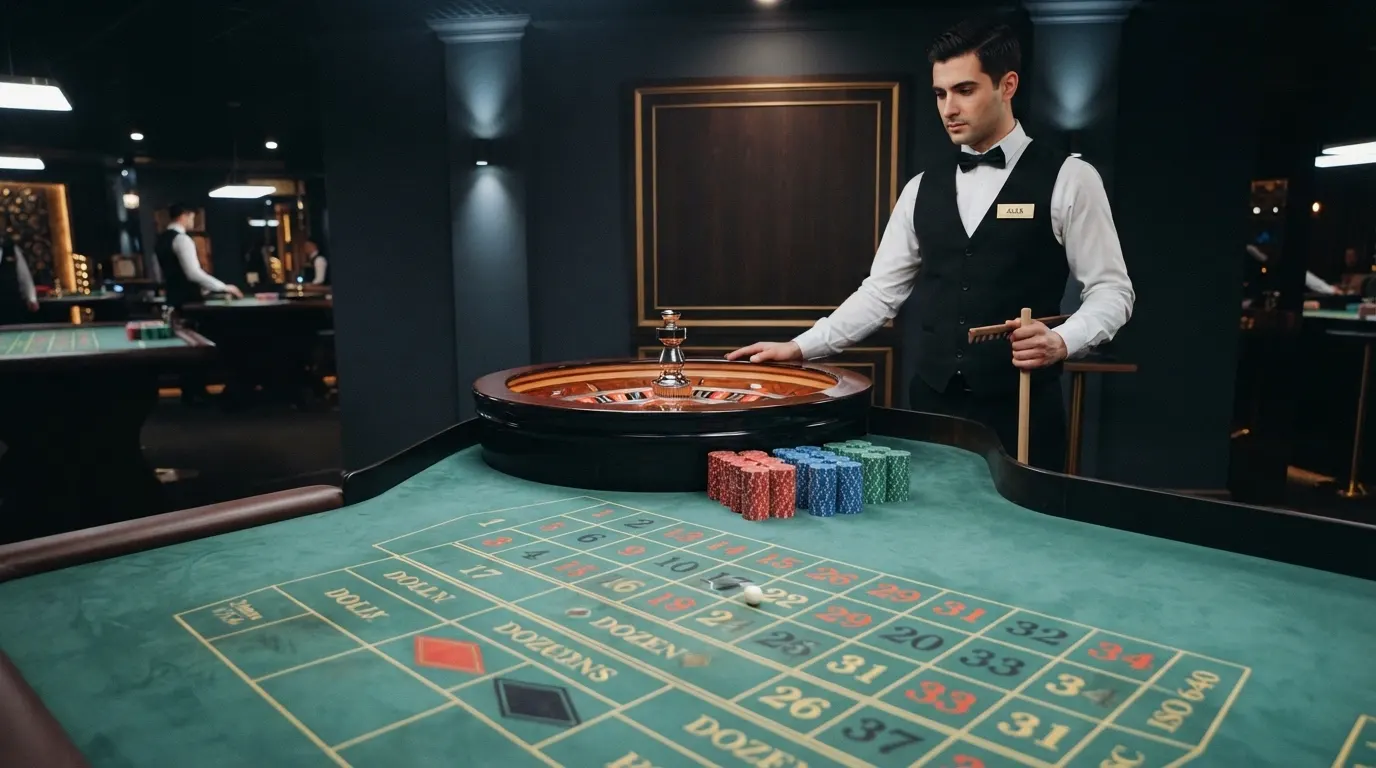 Une table de roulette européenne filmée en plan large dans un studio de casino en direct, avec le croupier, le cylindre et l'interface de mise visible à l'écran.