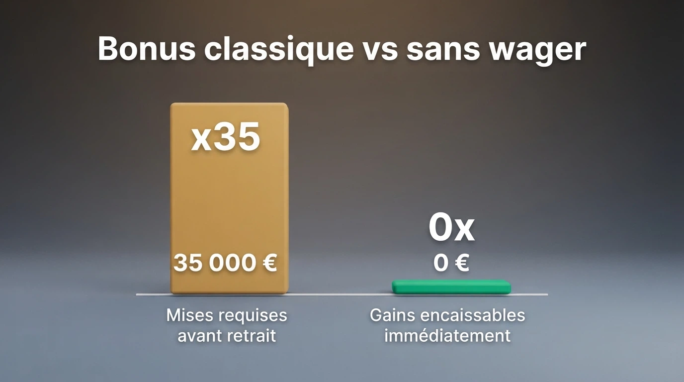 Comparaison visuelle de deux offres de bonus : l'une avec wager x35 et l'autre sans condition de mise, avec le montant réellement encaissable en regard