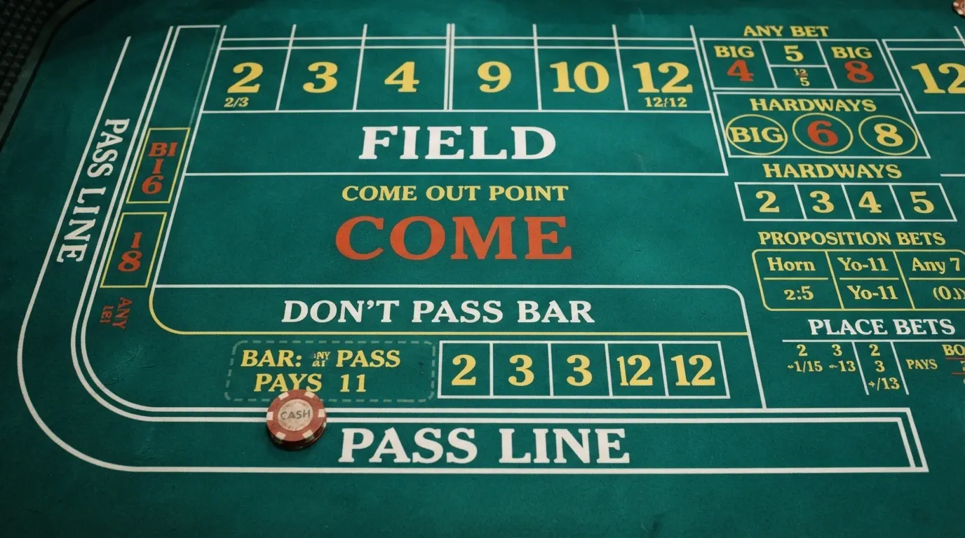 Disposition détaillée du tapis de craps avec les zones de mise Pass Line, Don't Pass, Come et Field