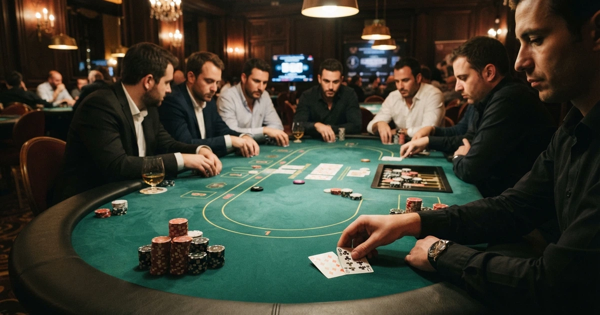 Une table de tournoi de poker dans un casino français, jetons empilés, cartes en main, joueurs concentrés autour du tapis vert