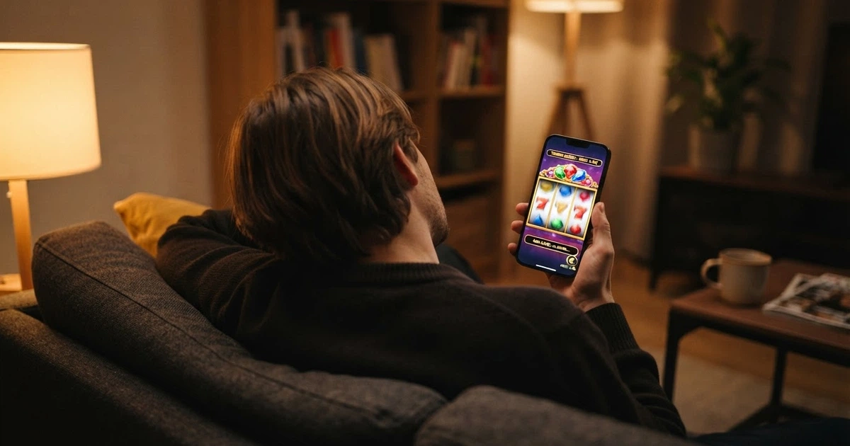 Un joueur regardant l'écran d'un smartphone affichant une machine à sous en ligne avec des tours gratuits crédités, l'expression entre espoir et méfiance