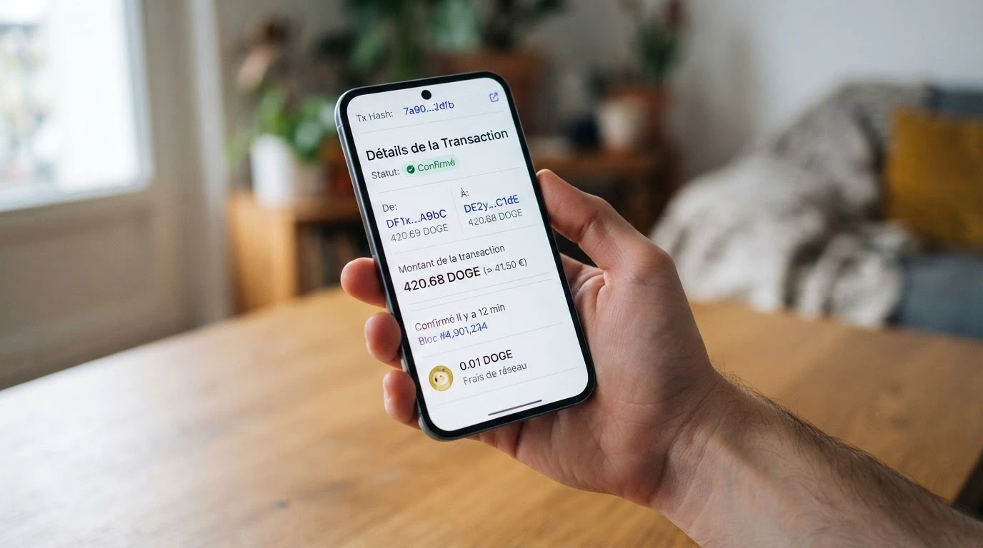 Un explorateur de blockchain Dogecoin montrant une transaction confirmée avec des frais de 0,01 DOGE et un temps de confirmation d'une minute