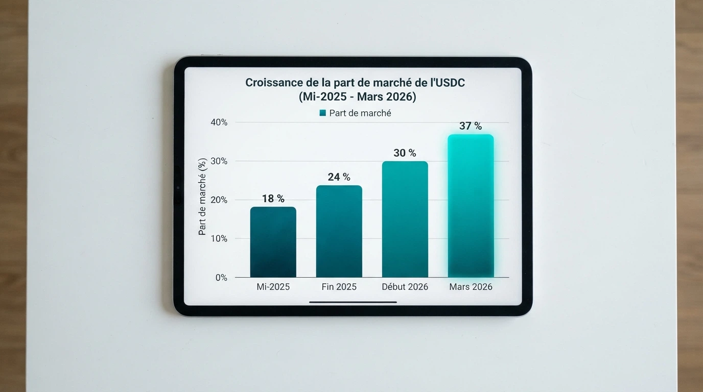 Graphique ou infographie montrant la progression de la part de marché de l'USDC dans les casinos crypto réglementés UE, de 18 % à 37 % entre mi-2025 et mars 2026