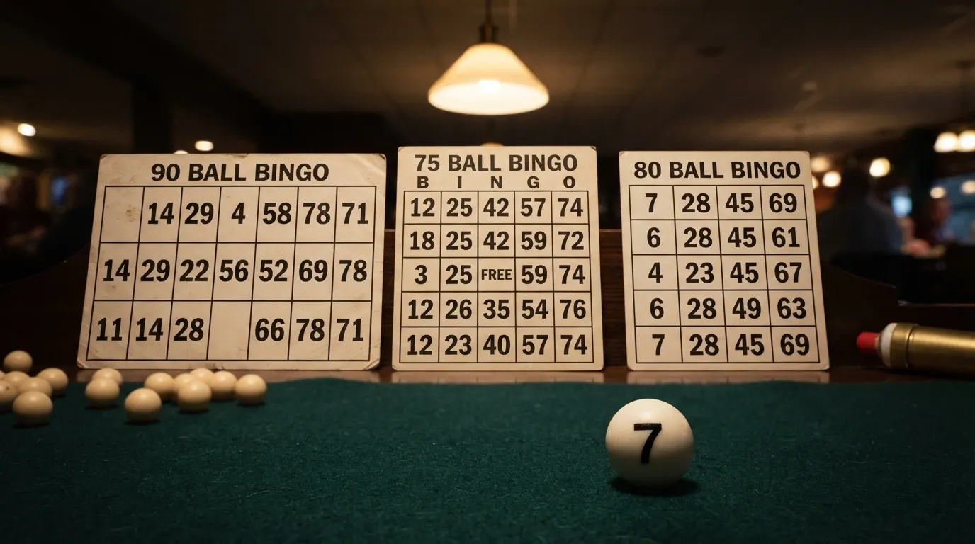 Trois cartons de bingo côte à côte illustrant les formats 90 boules, 75 boules et 80 boules avec leurs grilles caractéristiques