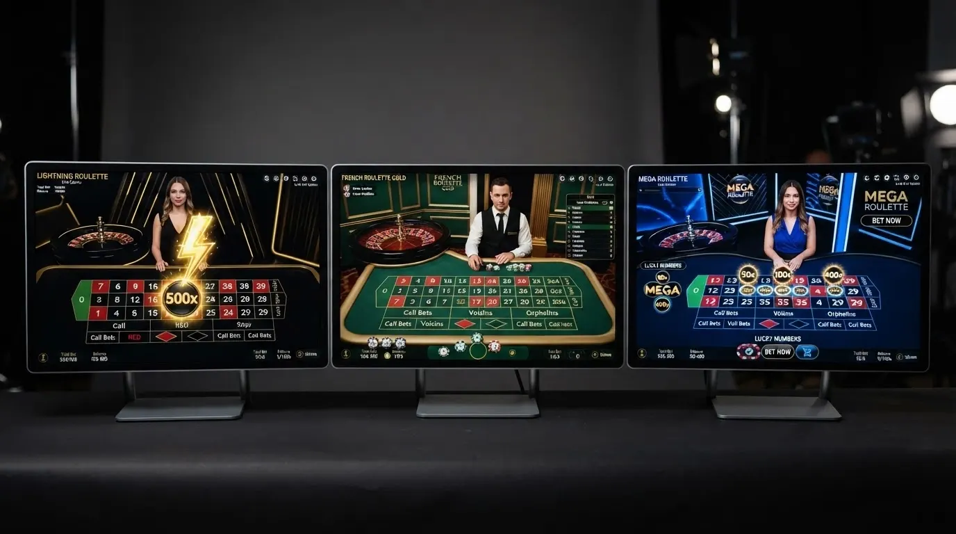 Trois écrans de roulette en direct côte à côte : une table Lightning avec multiplicateurs dorés, une table French Roulette Gold classique, et une table Mega Roulette avec ses Lucky Numbers affichés