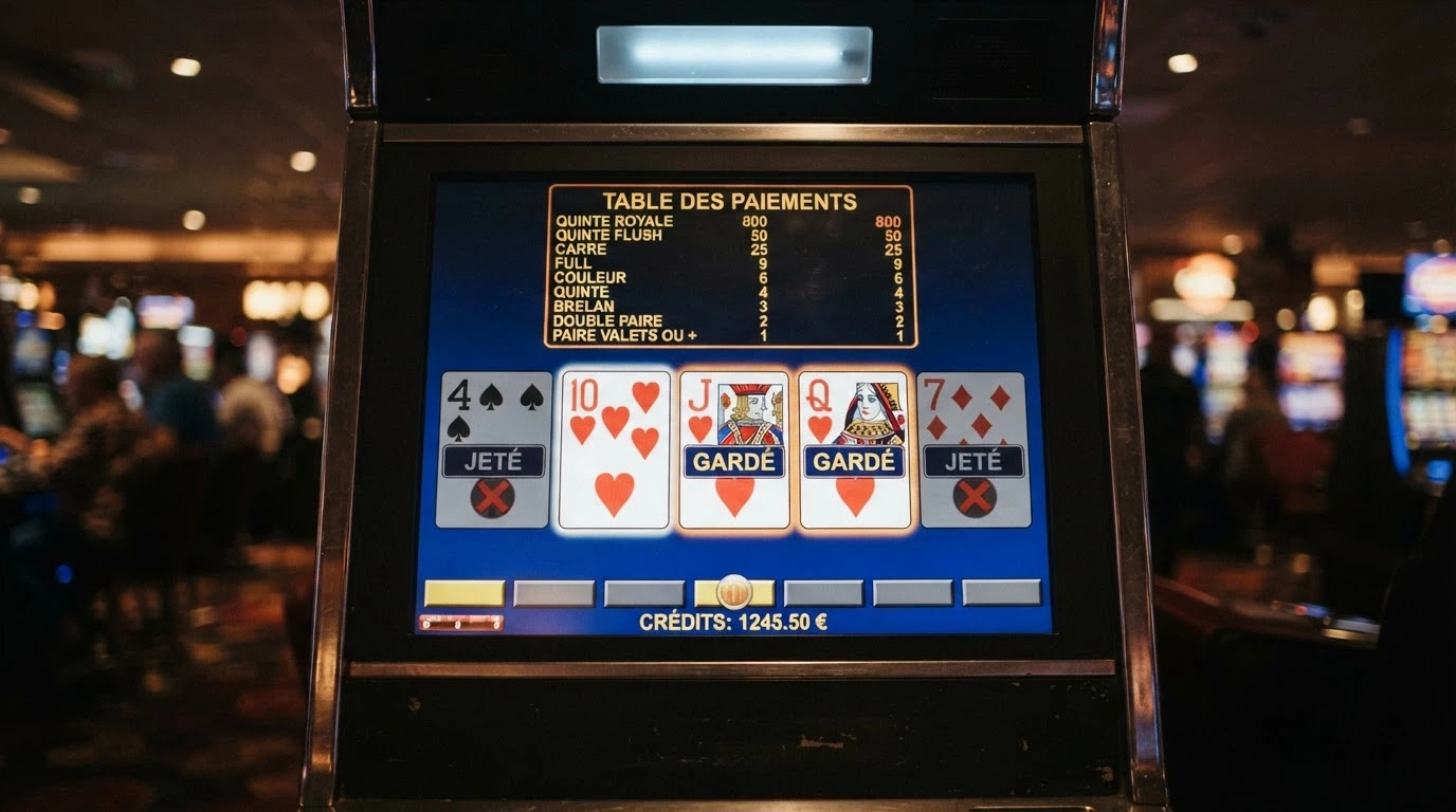 Écran d'une machine de video poker affichant une main gagnante Deuces Wild avec le tableau des gains visible