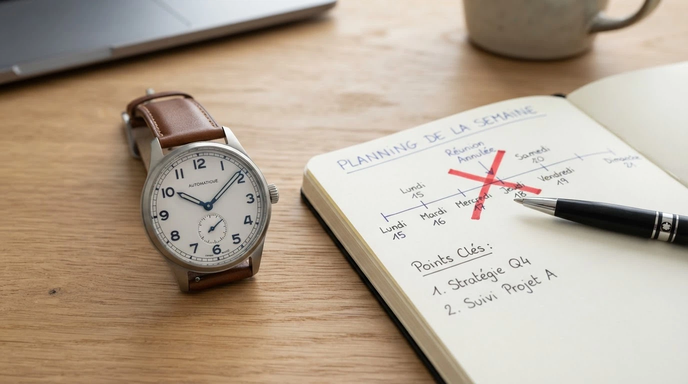 Écran partagé entre une montre affichant un compte à rebours de 10 secondes et un calendrier barré d'un jour ouvré