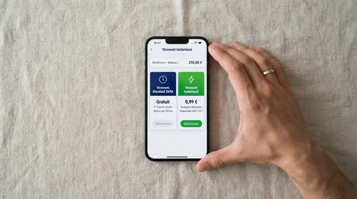 Une interface bancaire montrant côte à côte l'option de virement SEPA standard et l'option SCT instantané, avec les délais affichés pour chacune