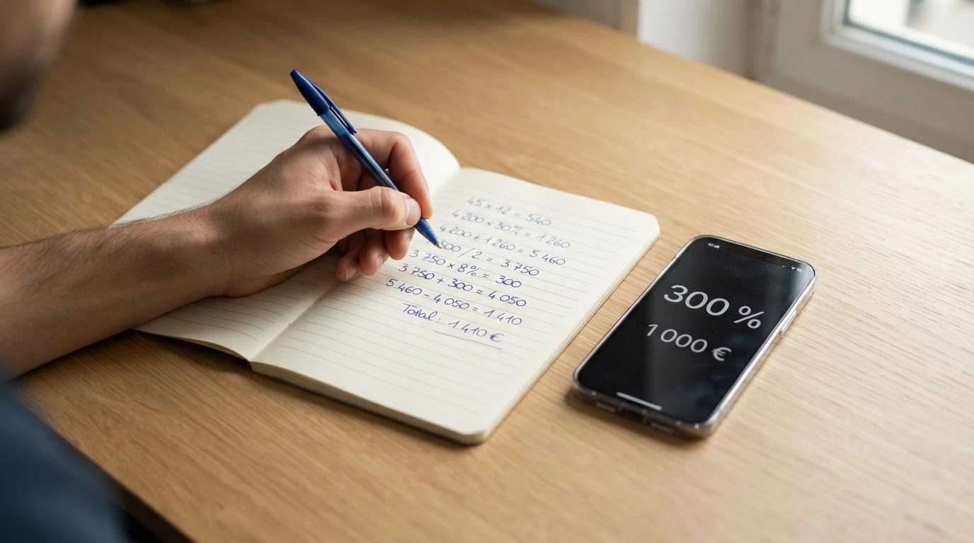 Une calculatrice posée à côté d'une offre de bonus « 300 % jusqu'à 1 000 € » sur un écran, illustrant le calcul des conditions de mise.