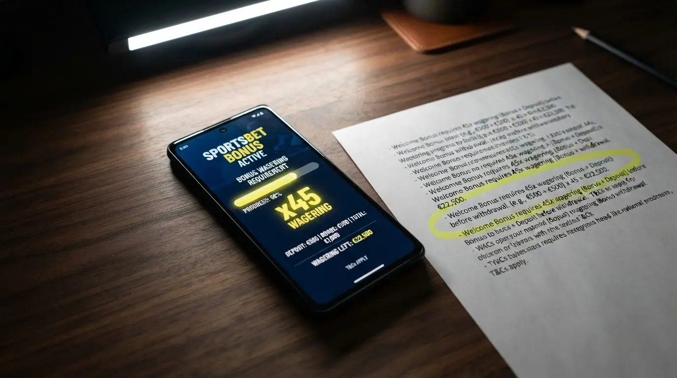 Un écran de conditions générales de casino montrant une exigence de mise surlignée en jaune, à côté d'un smartphone affichant des free spins